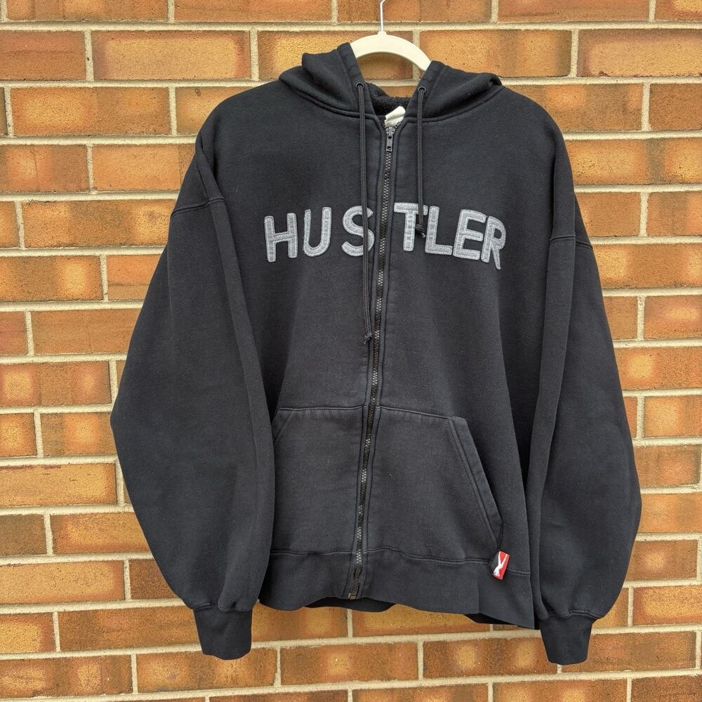 Y2K Hustler Full Zip Mens Large Black Grey Hoodie